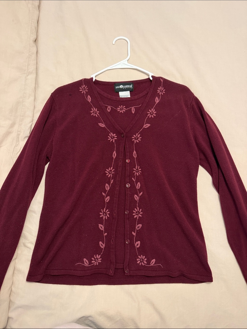 Sag Harbor Burgundy Floral Trim Button Cardigan